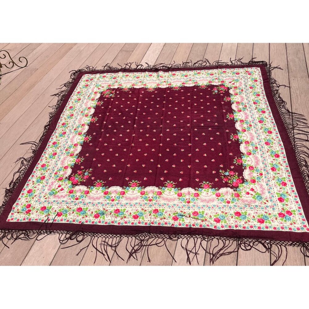 Antique 1909 Romanian Textile Art Wool Floral Shawl Hand Tied Fringe Floral